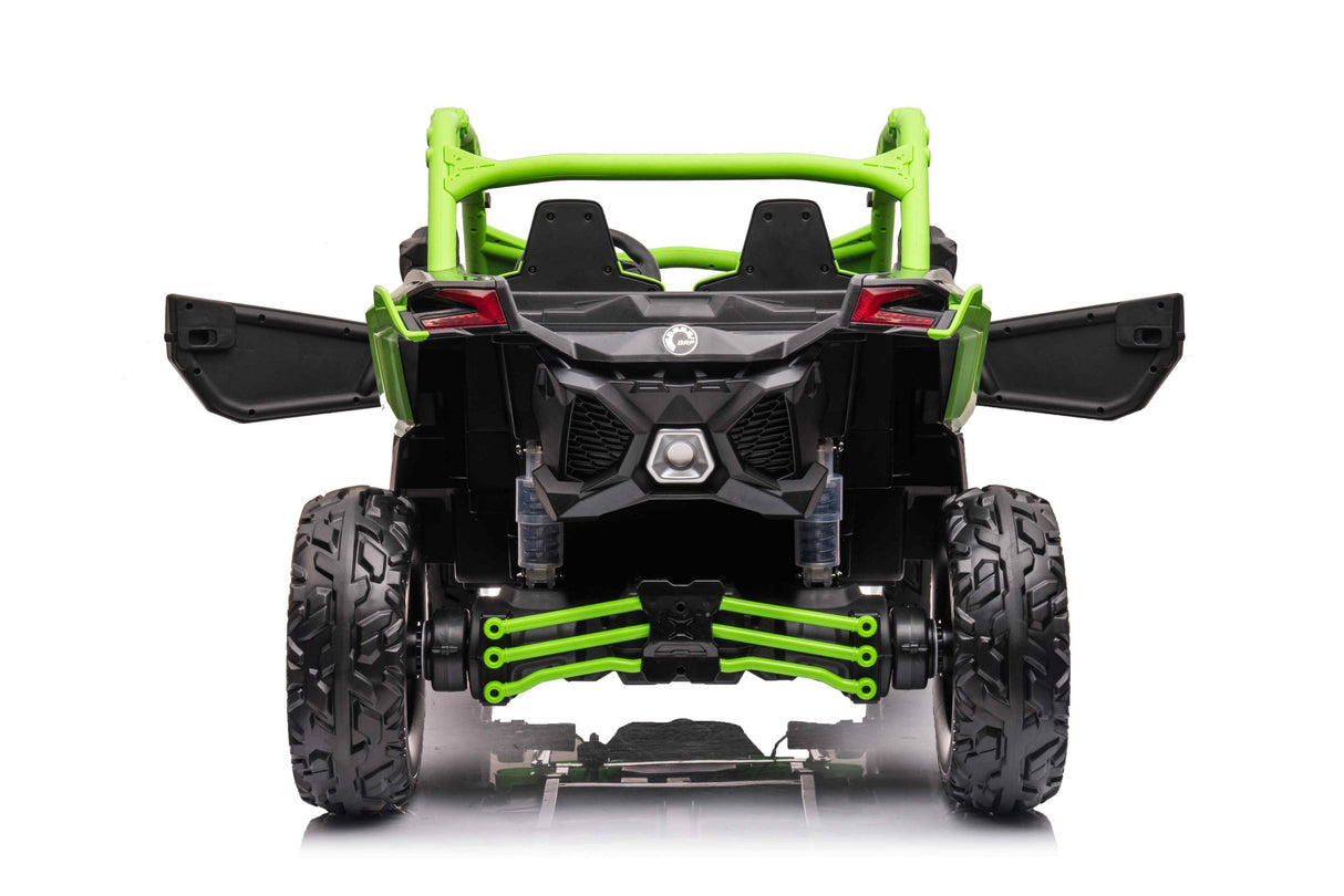 The image displays a black and green off-road toy vehicle resembling the Green 2 Seater Official 2x24v Can-Am Maverick X Ride on Buggy, LX Performance 4WD Edition. It boasts large tires, visible suspension elements, an open compartment, and open back doors revealing two small seats.