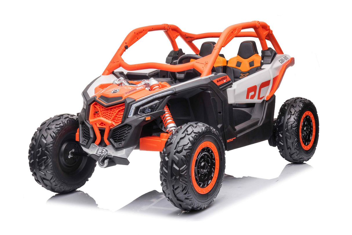 The Orange 2x24V/4WD Official Can-Am Maverick Ride on Buggy, LX Performance, boasts rugged black and orange details. It features large tires, Eco Leather Seats, an open cabin, and a distinct grille inspired by the Can-Am Maverick X with realistic suspension for adventurous play.