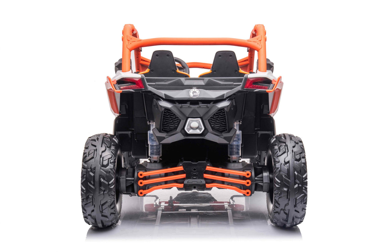 A rear view of the Orange 2x24V/4WD Official Can-Am Maverick Ride on Buggy, LX Performance, with large treaded tires and visible suspension system, mimics an ATV or dune buggy style against a plain white background. Designed for kids, it embodies off-road adventure.