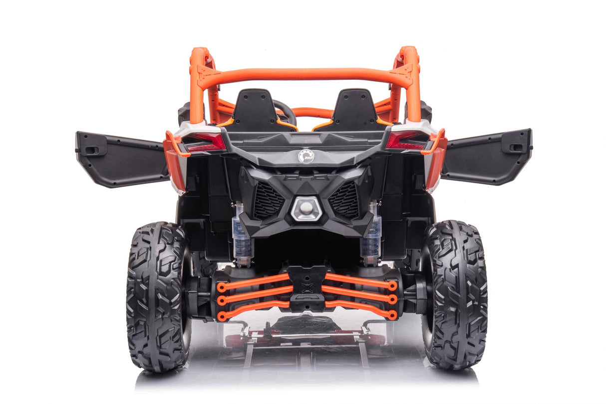 The Orange 2x24V/4WD Official Can-Am Maverick Ride on Buggy, LX Performance has large black wheels, open doors, and an orange frame with realistic suspension. Its Eco Leather Seats add to its adventurous and rugged design.