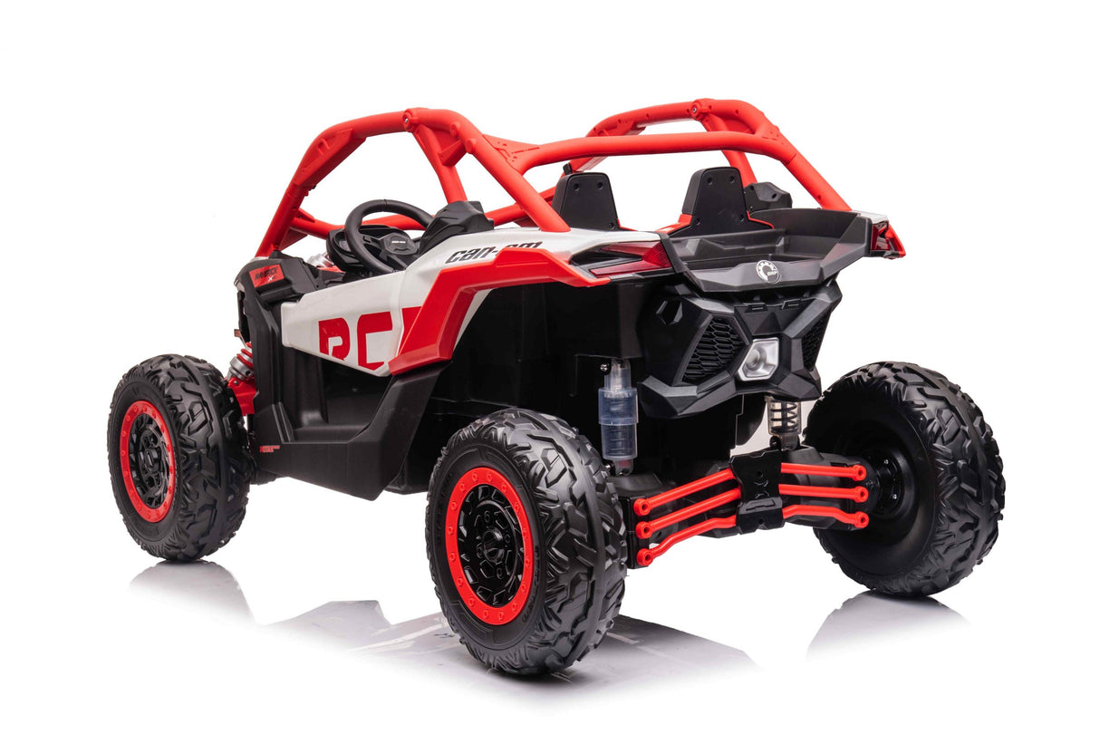 A red 2x24V/4WD Can-Am Maverick Ride on Buggy, LX Performance, features a roll cage, large rugged tires, detailed suspension, and a visible steering wheel inside the cockpit. Displayed against a white background, this buggy resembles a Can-Am Maverick X with 2 seats.