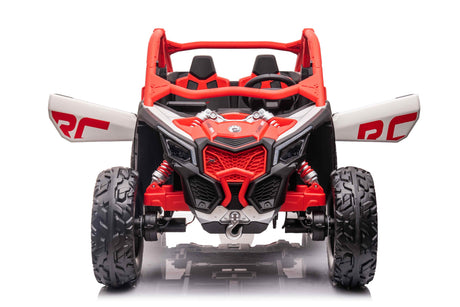 The Red 2x24V/2WD Official Can-Am Maverick Ride-on Buggy, LX Performance features a red and black design with large knobby tires, a cage-like frame, and RC markings. It includes two seats and open doors and is presented against a white background.