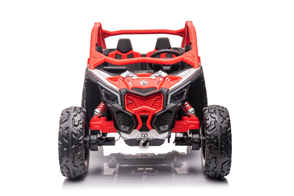Front view of a red and black Red 2x24V/2WD Official Can-Am Maverick Ride on Buggy, LX Performance, with large rugged tires and angular lines exposing its suspension springs. Missing its base.