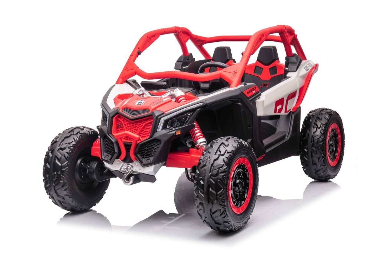 The Red 2x24V/4WD Official Can-Am Maverick Ride on Buggy, LX Performance, features a red and black design with large wheels and a detailed open-frame exterior, rugged fenders, and seats that capture the essence of a dune buggy.