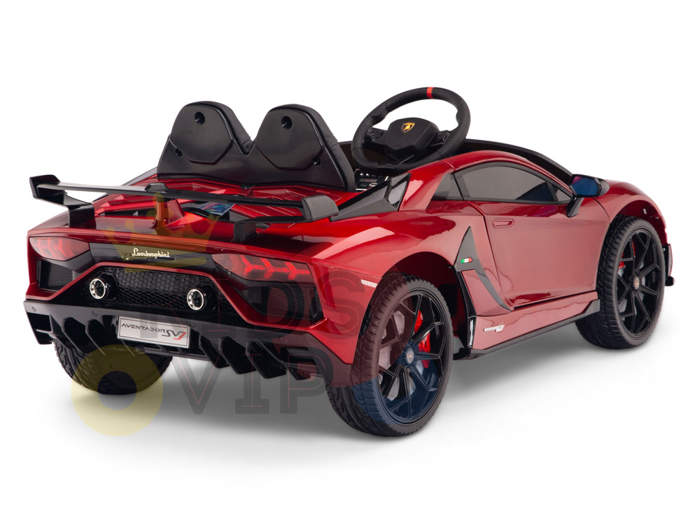The Burgundy Red 12V Lamborghini SVJ Sport Kids Licensed Ride On Car is a stunning sight from the rear, with detailed wheels, a steering wheel, and a rear spoiler. Logos are evident on this 1-seater with rubber wheels and remote control functionality.