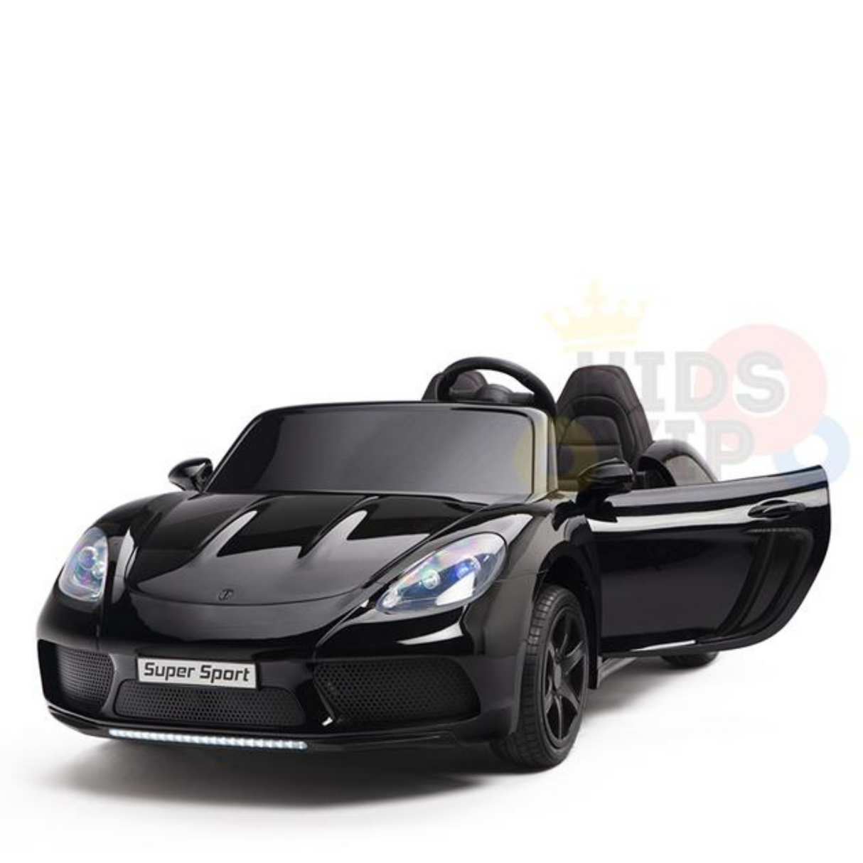 The Black 24V XXL SuperSport Big Kids Ride On Car features sleek aerodynamic lines, detailed headlights, and ECO leather seats visible through the open drivers door. This stylish KIDSVIP Supercar with a 180W brushless motor and real tires stands against a plain white background for young enthusiasts.