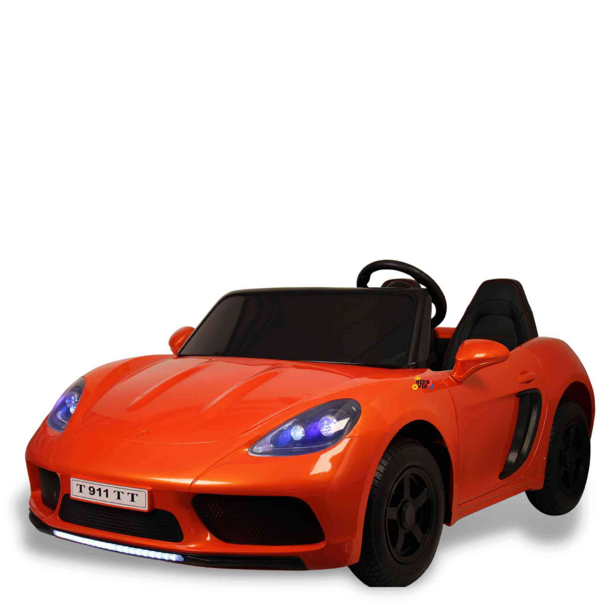 The Orange 24V XXL SuperSport Big Kids Ride On Car showcases realistic details, including headlights, side mirrors, and a license plate T 911 TT. It features a 180W brushless motor, a sleek design with black wheels, real air-filled tires, and a black interior against a white background.