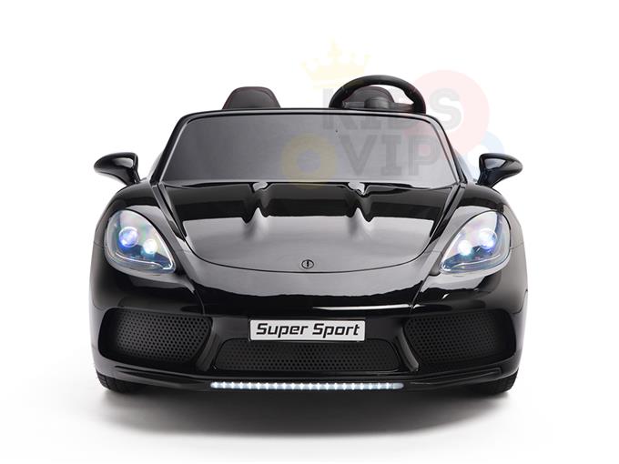 The Black 24V XXL SuperSport Big Kids Ride On Car boasts a sleek design with ECO leather seats, blue-tinted headlights, and a KIDSVIP Supercar plate. Its glossy finish is highlighted against a white background.