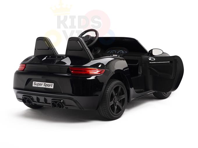 The Black 24V XXL SuperSport Ride On Car features an open drivers door and sports car styling, including a detailed dashboard, ECO leather seats, steering wheel, black wheels, and a Super Sport rear license plate. Powered by a 180W brushless motor with real tires against a plain white background.