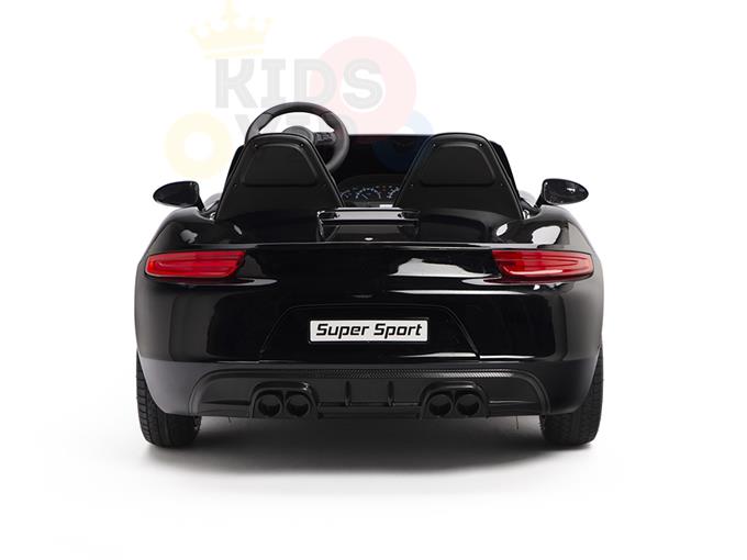 The Black 24V XXL SuperSport Big Kids Ride On Car features ECO leather seats, a Super Sport label, dual exhausts, rearview mirrors, red taillights, and a powerful 180W brushless motor with real tires.