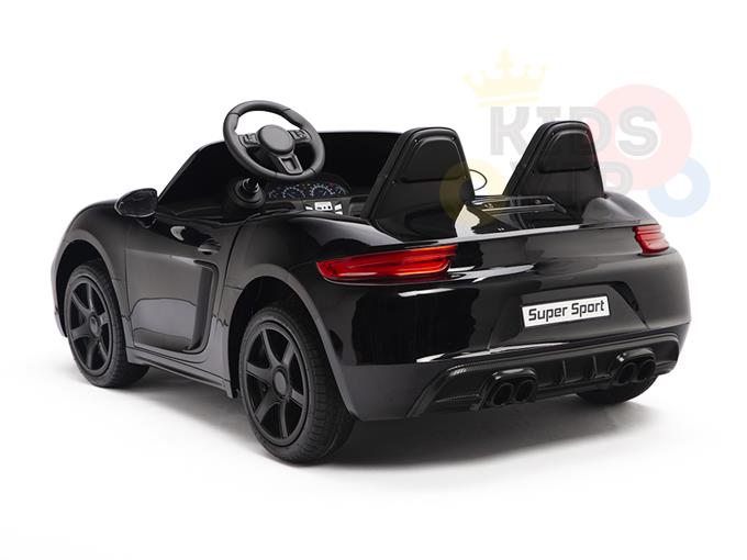 The Black 24V XXL SuperSport Big Kids Ride On Car features a 180W brushless motor, real tires, realistic ECO leather seats, and a steering wheel. It includes authentic headlights and a Super Sport label on the rear, all wonderfully displayed against a plain white background.