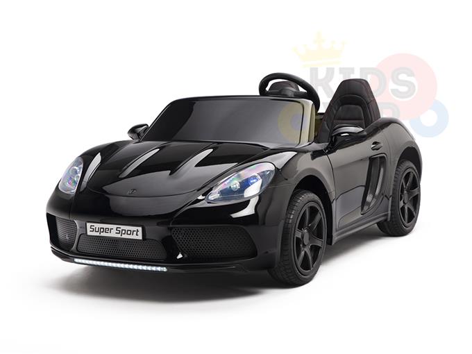 The Black 24V XXL SuperSport Ride On Car, with a 180W brushless motor and real tires, is a childrens black toy car resembling a sports car. It boasts ECO leather seats, tinted windshield, LED headlights, Super Sport labeled front bumper, sleek curves, and dark rims for endless excitement.