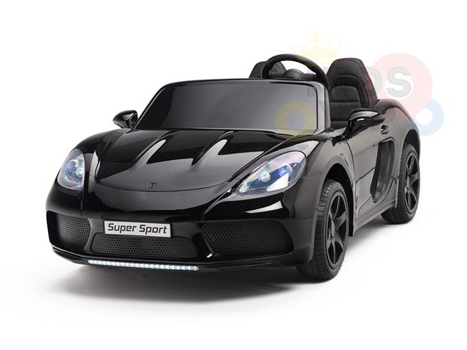 A sleek black Black 24V XXL SuperSport Big Kids Ride On Car with a glossy finish on a white background, resembling a sports car. It features Super Sport on the grille, detailed headlights, ECO leather seats for comfort, and is designed with a 180W brushless motor and real tires for children.