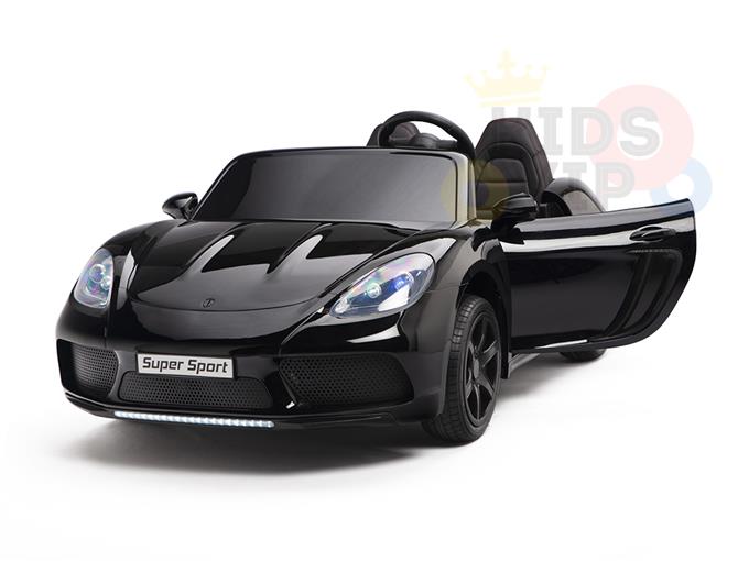 The Black 24V XXL SuperSport Big Kids Ride On Car features sleek curves, an opening drivers door, Super Sport on the front bumper, ECO leather seats, dark tinted windows, LED lights underneath, a 180W brushless motor, and real tires.