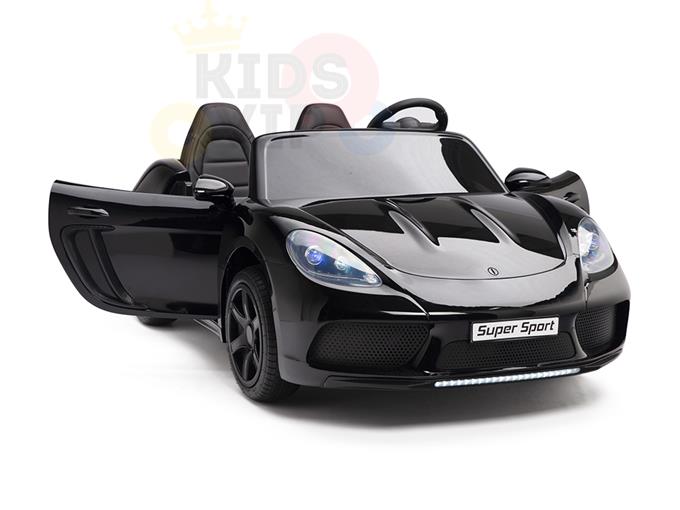 The black 24V XXL SuperSport Big Kids Ride On Car includes open doors, a Super Sport label, sleek design lines, detailed headlights, a visible steering wheel with ECO leather seats, and a faded Kids Car logo in the background.