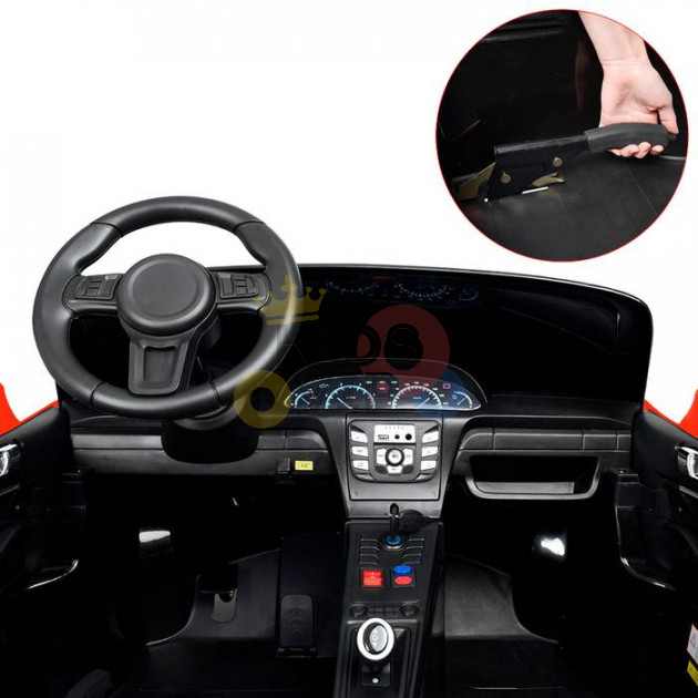 Image of a car interior with a steering wheel and dashboard. An inset shows a hand using a remote to control the Orange 24V XXL SuperSport Big Kids Ride On Car, featuring a 180W brushless motor and real air-filled tires for an authentic driving experience.