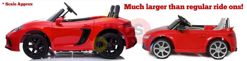 Comparison of two red ride-on cars: the left one is larger with a detailed design, powered by a 180W brushless motor. The smaller car on the right has a simpler style. Text: Much larger than regular ride-ons! Scale Approx. Product Name: Orange 24V XXL SuperSport Big Kids Ride On Car, 180W Brushless Motor & Real Tires.