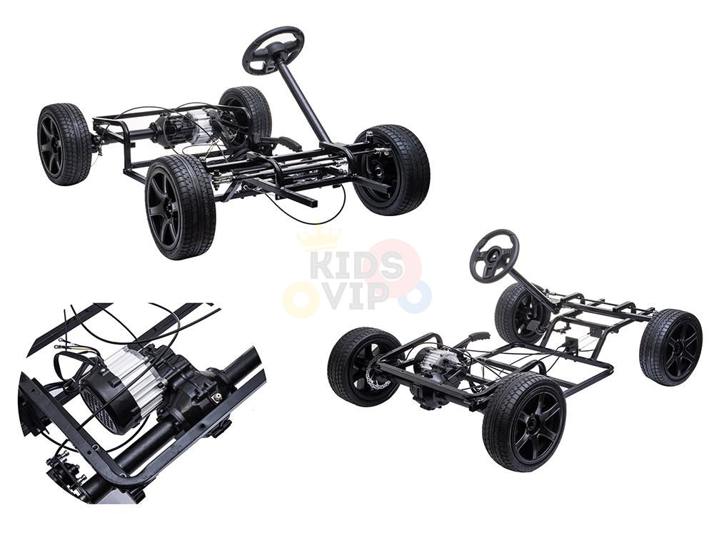 Three views of the Red 24V XXL SuperSport Ride On Car reveal its black frame with real tires, a steering wheel, and visible wiring. Equipped with a 180W brushless motor, the chassis is displayed from different angles to showcase this big kids ride-on cars structure and components.