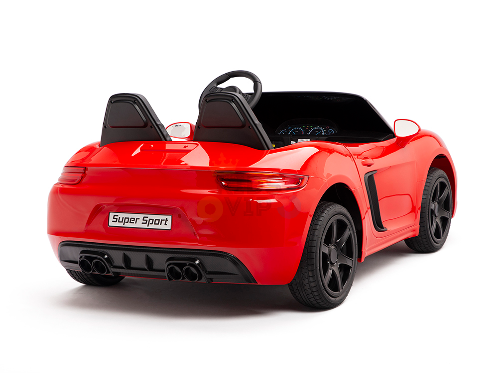 The Red 24V XXL SuperSport Big Kids Ride On Car features a Super Sport decal on the back, black wheels, two seats, and a visible steering wheel. Its angled to showcase both the side and rear.