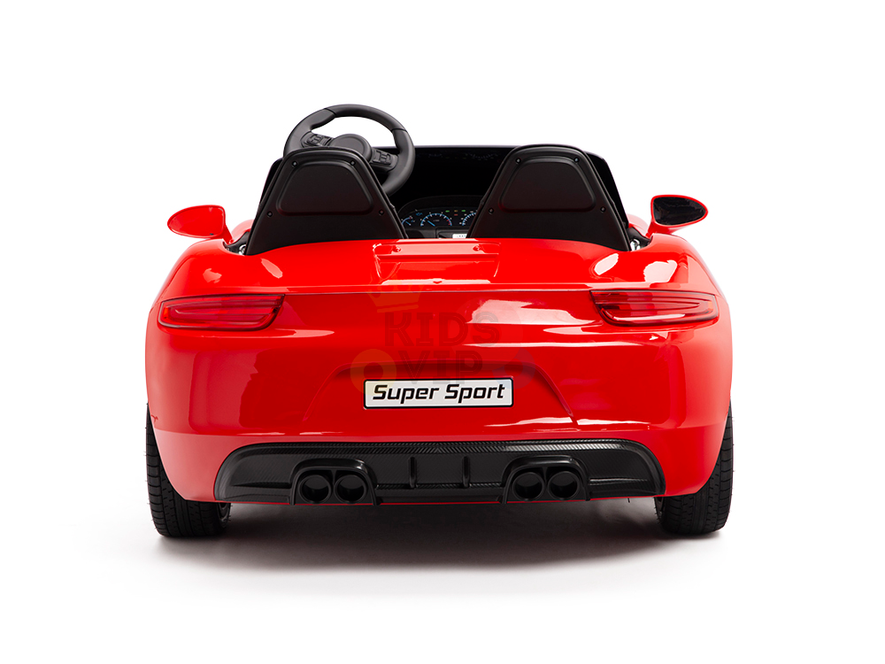 The Red 24V XXL SuperSport Big Kids Ride On Car features black seats, a steering wheel, and a rear license plate with Super Sport. It showcases its streamlined design and dual exhaust with a 180W brushless motor and real tires.