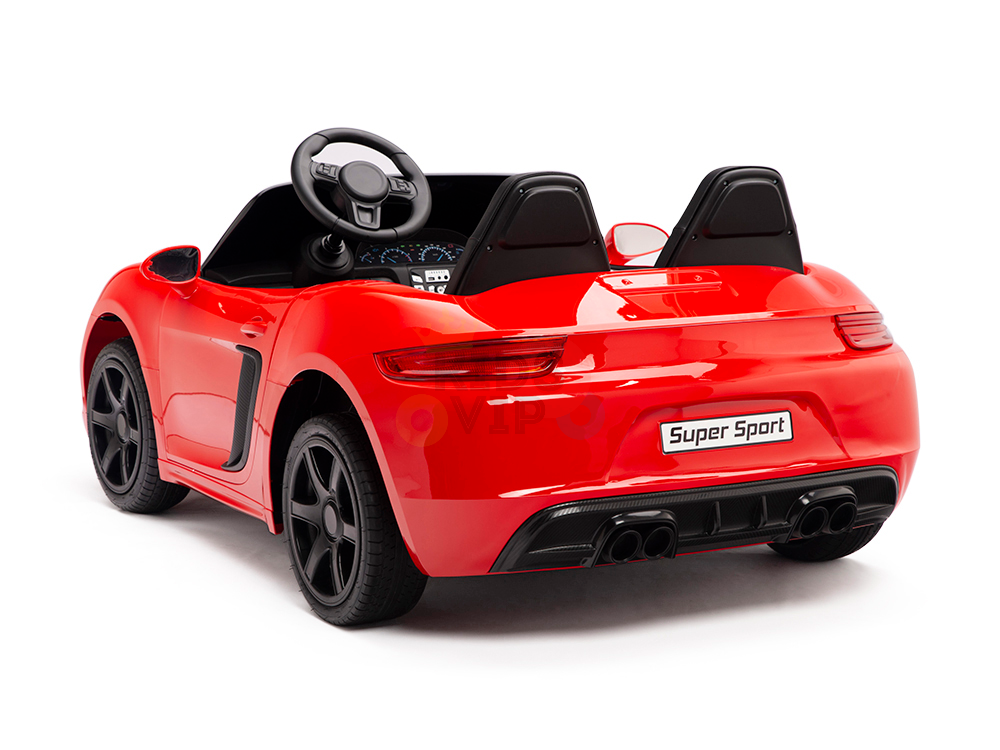 A small Red 24V XXL SuperSport Ride On Car for big kids, viewed from the rear, resembles a sleek sports car with black wheels, a spoiler, and two seats. The license plate area reads Super Sport. It has a steering wheel and detailed dashboard for authenticity. Powered by a 180W brushless motor with real tires.