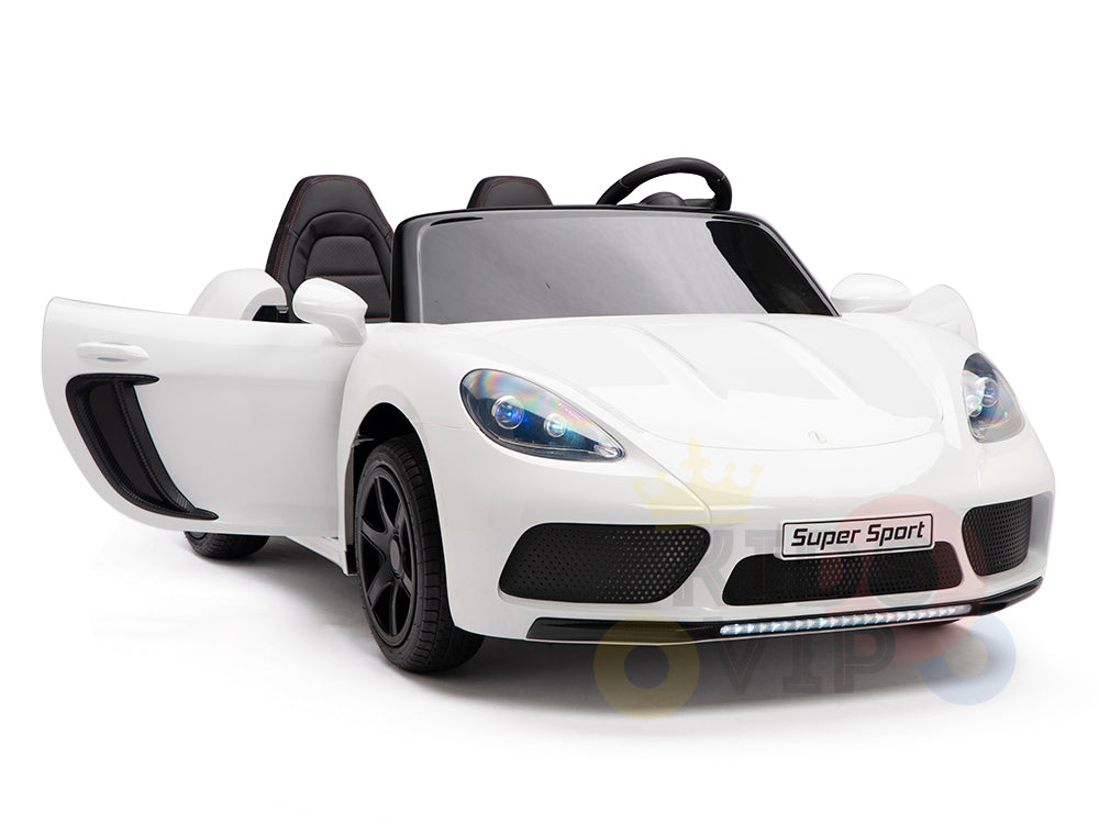 The White 24V XXL SuperSport Big Kids Ride On Car by KIDSVIP features a sleek convertible design with an open left door, black seats, steering wheel, headlights, and Super Sport on the front bumper. It is powered by a 180W brushless motor and equipped with real tires.