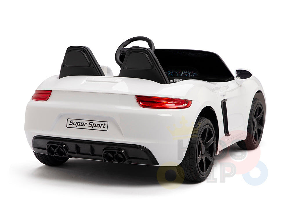 The KIDSVIP White 24V XXL SuperSport Ride On Car features Super Sport on the rear, dual seats, dashboard controls, a black steering wheel, black accents, four wheels with real tires, and twin exhausts powered by a 180W brushless motor for ultimate fun.