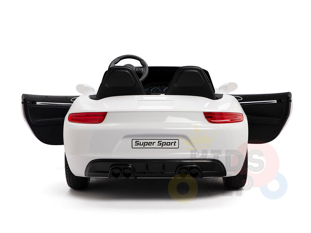 A white XXL SuperSport Ride On Car with open doors seen from the rear, featuring a Super Sport label on the license plate, dual seats, a steering wheel, and rear lights, driven by a 24V brushless motor and real tires—perfect for young racers.