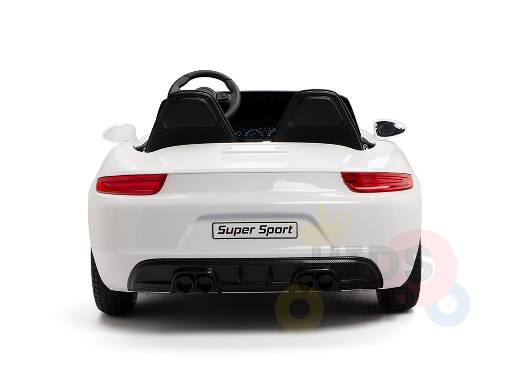 Rear view of a White 24V XXL SuperSport Big Kids Ride On Car, featuring black seats, steering wheel, red taillights, and dual exhaust pipes with a 180W brushless motor. Background is plain white.