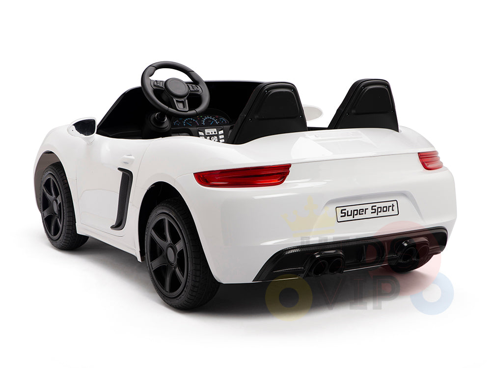 A White 24V XXL SuperSport Big Kids Ride On Car with a Super Sport label and black wheels is shown from the rear against a plain white background. It features a steering wheel, real tires, and two seats powered by a 180W brushless motor.