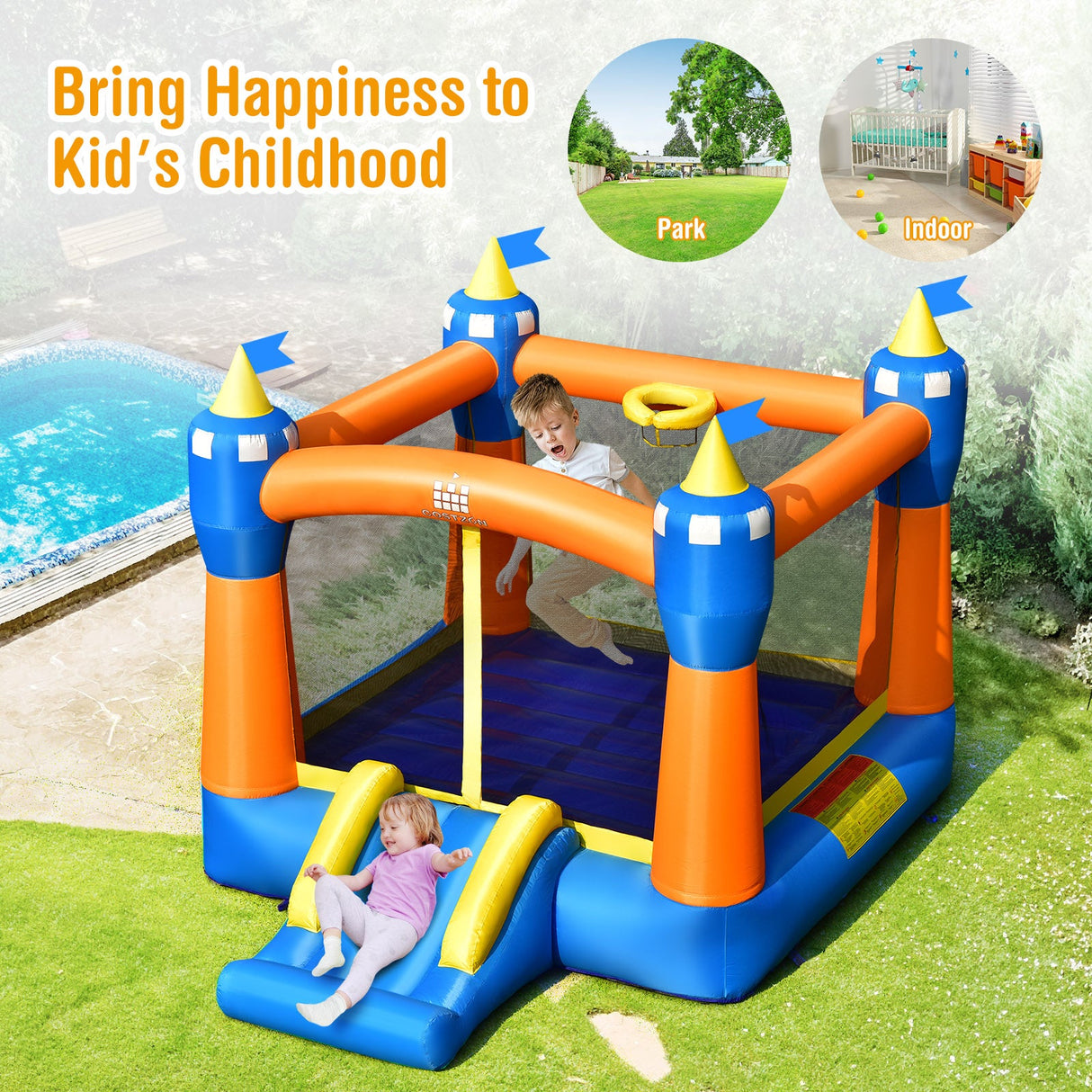 Kids Inflatable Bounce House Magic Castle with Large Jumping Area with 735W Blower