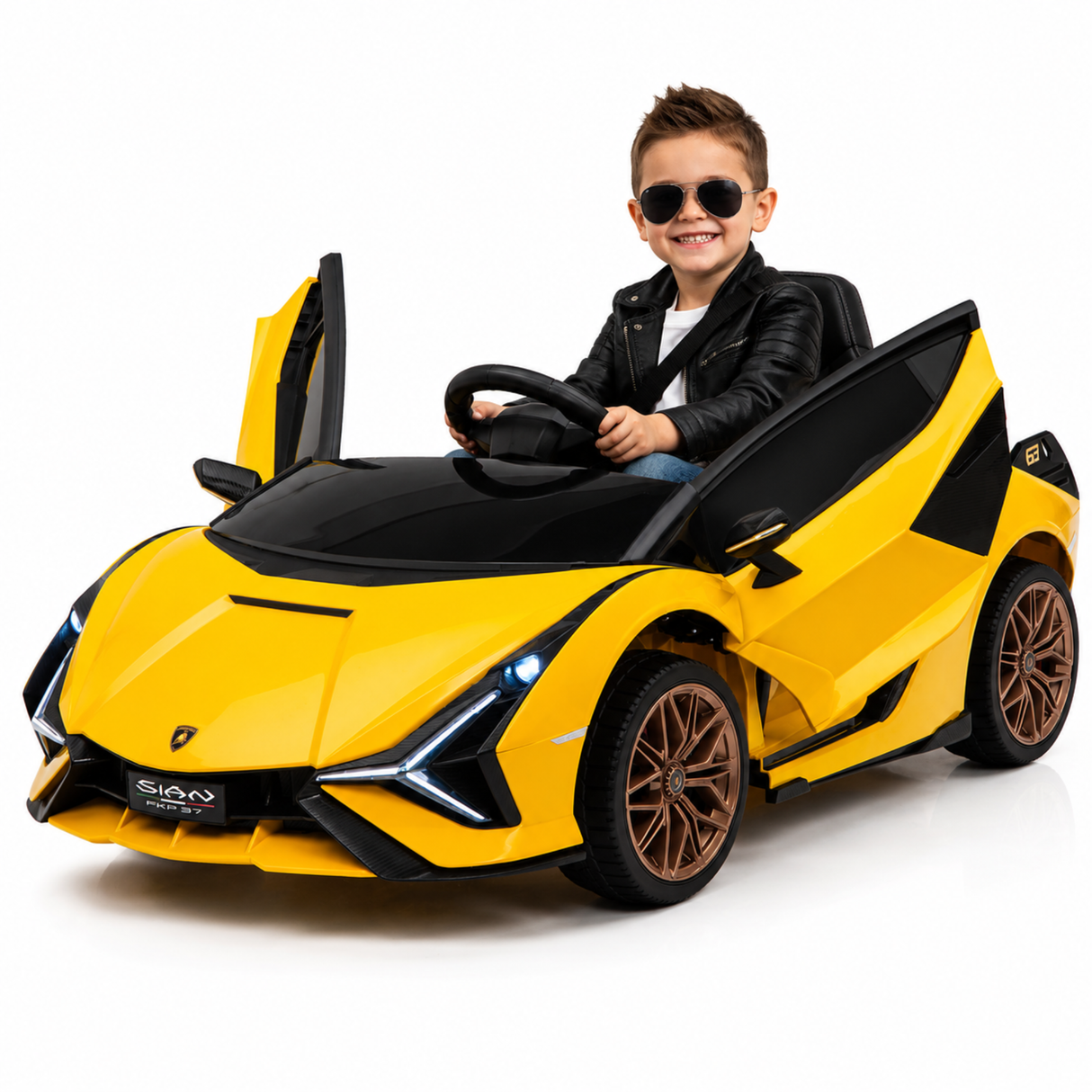 Yellow Official 12V Sport Edition Lamborghini Sian 1-Seater Ride-On Car with EVA Wheels, Butterfly Doors, Music, RC