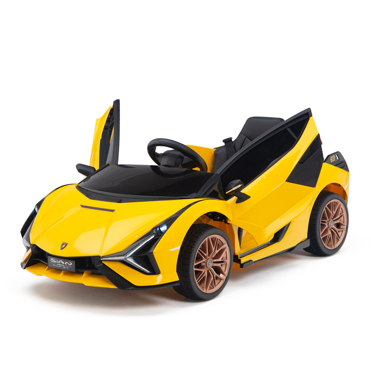 Yellow Official 12V Sport Edition Lamborghini Sian 1-Seater Ride-On Car with EVA Wheels, Butterfly Doors, Music, RC