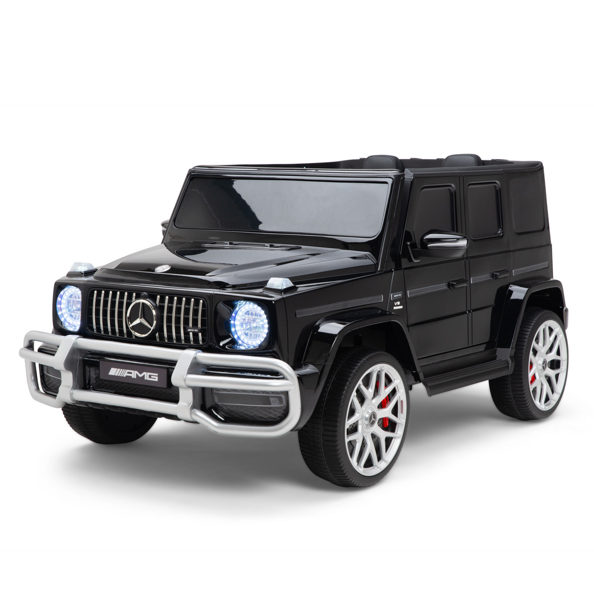 The Black 24V/4x4 Official Mercedes Benz G63 Ride On Car with RC is displayed against a white background, featuring realistic details like a prominent grille, LED headlights, and silver rims with red brake calipers.