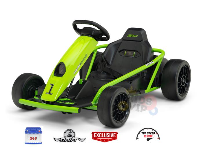 The Green 24V Sport Challenger Outdoor Drifting Kids Go Kart is a bright speedster with a sturdy frame, comfy seat, and large tires, bearing the number 1. It reaches 15 km/h for thrilling drift adventures.