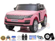 The Pink 24V Official Range Rover Complete MP4 Edition Kids Ride On Car with RC features black accents, modern LED screens, leather seats, and EVA rubber wheels. This licensed design includes two seats and serial lights.
