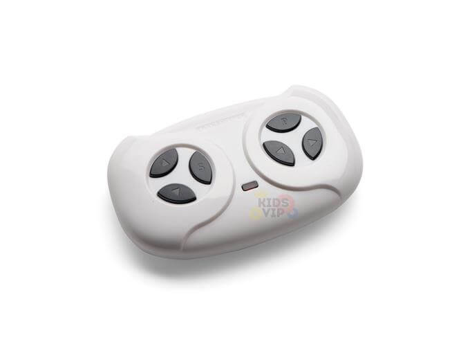 The Official 12V Sport Edition Lamborghini Sian Kids and Toddlers Ride On Car includes a sleek white handheld remote with two gray joysticks and directional buttons. Powered by a 12V battery, its compact design ensures intuitive operation for seamless, on-the-go adventures.