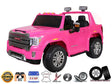 The Pink 2x12V Licensed 4WD GMC Sierra Kids Ride On Car features chrome wheels, an open top, functional headlights, and icons for remote control. It includes dual 12V batteries, a leather seat, suspension system, sound system, and EVA rubber wheels.