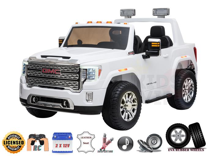 The 2 Seats Officially Licensed 4WD GMC Sierra Kids Ride-On Car features a detailed grille and headlights, leather seat, radio, EVA rubber wheels, two 12V batteries, parental remote control, sound system icons, and suspension for an authentic SUV experience.