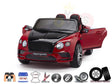 The red and black toy convertible, labeled Supersports, resembles a Red 12V Bentley GTC Kids Licensed Ride On Car, featuring open doors, remote control, leather seat, suspension, music capabilities, EVA rubber wheels, and icons indicating a 12V battery.