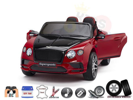 The red and black toy convertible, labeled Supersports, resembles a Red 12V Bentley GTC Kids Licensed Ride On Car, featuring open doors, remote control, leather seat, suspension, music capabilities, EVA rubber wheels, and icons indicating a 12V battery.