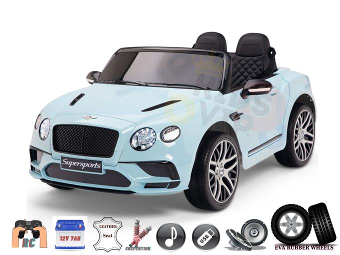 Introducing the Blue 12V Bentley GTC Kids Licensed Ride On Car, featuring black leather seats and a detailed dashboard. This remote control car comes with EVA rubber wheels, suspension, and music capabilities for a luxury sports car experience.