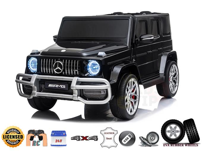 Introducing the Black 24V Mercedes Benz G63 Complete Edition Kids Ride-On Car: a luxurious SUV replica with 4x4 capability, leather seat, USB port, EVA rubber wheels, robust battery system, remote control, and signature grille and headlights.
