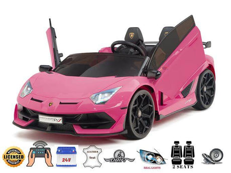 The Upgrade Your Ride with the Pink 24v Lamborghini SVJ Drifting Kids Ride On Car features scissor doors, drifting wheels, a steering wheel, seats, and detailed headlights. Icons highlight its leather seat and realistic lights.