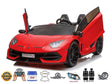 The Ultimate Drifting Experience: Red Upgraded 24v Lamborghini SVJ Kids Ride on Car features open scissor doors and drifting wheels. It has two leather seats, a steering wheel, realistic lights, and a licensed design with various badges highlighting its impressive features.