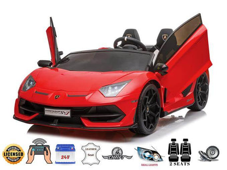 The Ultimate Drifting Experience: Red Upgraded 24v Lamborghini SVJ Kids Ride on Car features open scissor doors and drifting wheels. It has two leather seats, a steering wheel, realistic lights, and a licensed design with various badges highlighting its impressive features.