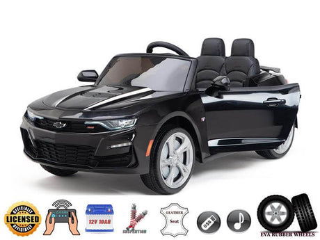 The Black Official Sport 12V Chevrolet Camaro Kids and Toddlers Ride-on Car boasts a detailed interior, ECO leather seat, EVA rubber wheels, remote control, MP3 compatibility, and official licensing.