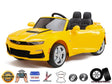 The Yellow 12V Official Sport Chevrolet Camaro Ride-on Car for kids features two black seats, leather seating, a small steering wheel, a licensed logo, USB connectivity for music, rubber wheels, and battery power. Includes a seatbelt and parental remote control for extra safety and fun.
