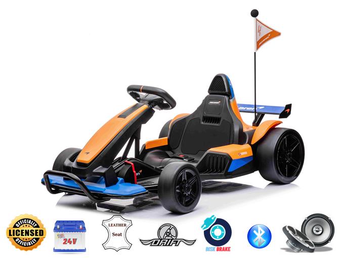 The Orange 24V Official Complete Edition McLaren Super Drifting Go-Kart, featuring a sporty design with a flagpole, includes icons highlighting a license badge, leather seat, Bluetooth, and disc brake, making it ideal for kids seeking an exciting drifting experience.