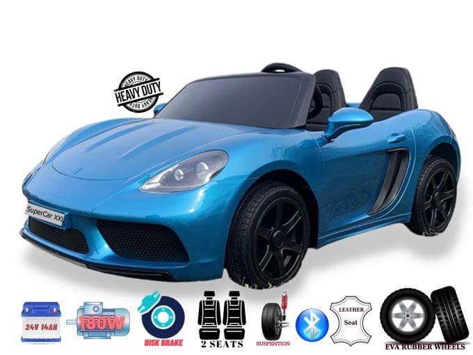Check out the Metallic Blue 24V XXL SuperSport Big Kids Ride On Car, a sleek toy with two eco leather seats, black wheels, disk brakes, suspension, and tough EVA rubber wheels. It features a powerful 180W brushless motor for an unparalleled ride.